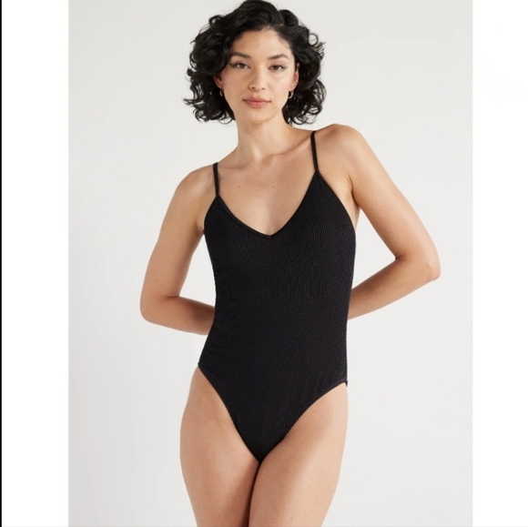 No Boundaries Juniors One Piece Black Crinkle Textured Swimsuit NWT - Picture 1 of 12
